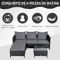 Outsunny Conjunto de Muebles de Jardín 4 Piezas Ratán Doble Sofá Mesa de Café Taburete con Cojines Acolchados para Exteriores Marco de Metal Negro(m-4)