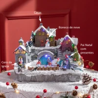 HOMCOM Aldeia de Natal Cena Decorativa de Natal Iluminada com Luzes LED Árvore Giratória e Pista de Patinagem 32x25,5x24cm Multicor(m-4)