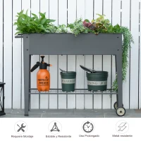 Outsunny Huerto Urbano Jardinera Elevada de Metal Cama de Jardín con Ruedas Asa Lateral y Estante Inferior para Cultivo Plantas Hortalizas Flores 104x39x80 cm Gris(m-6)