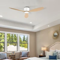 HOMCOM Ventilador de Techo sin Luz Motor DC Ø132x18 cm con Mando a Distancia 3 Aspas Reversibles 6 Velocidades y Temporizador Silencioso para Dormitorio Salón Comedor Blanco y Natural(m-2)