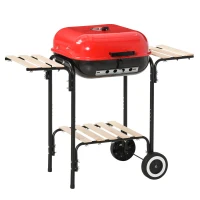 Outsunny Barbacoa de Carbón Picnic con Estantes de Madera Parrillas Asador BBQ Patio Acampada Multifuncional Parilla de Carbón Vegetal 98x49x81cm con Ruedas(m-1)