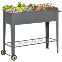 Outsunny Huerto Urbano Jardinera Elevada de Metal Cama de Jardín con Ruedas Asa Lateral y Estante Inferior para Cultivo Plantas Hortalizas Flores 104x39x80 cm Gris(m-1)