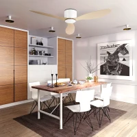 HOMCOM Ventilador de Techo sin Luz Motor DC Ø132x18 cm con Mando a Distancia 3 Aspas Reversibles 6 Velocidades y Temporizador Silencioso para Dormitorio Salón Comedor Blanco y Natural(m-7)