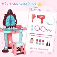 AIYAPLAY Toucador Infantil com Banco Espelho Luz Música e Secador Inclui 31 Acessórios Toucador de Maquilhagem 57x34x73cm Multicor(m-5)