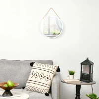 HOMCOM Espelho Decorativo de Parede 30x30cm Espelho Redondo de Metal com Corda de Canhâmo Estilo Moderno Branco(m-4)