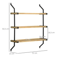 HOMCOM Estante de Parede de 3 Níveis Estante Flutuante de Madeira para Sala de Estar Dormitório Cozinha Sala de Jantar 51x15x63,5cm Madeira(m-3)