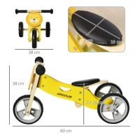 AIYAPLAY Bicicleta sem Pedais de Madeira 2 em 1 Triciclo Infantil com Assento Ajustável de 22-26cm 60x38x38cm Amarelo(m-3)