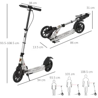 HOMCOM Teen/Adults Aluminium Folding Kick Scooter w/ Shock Mitigation System Silver(m-3)