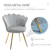 HOMCOM Fauteuil coquillage chaise coiffeuse fauteuil en velours fauteuil de salon avec pieds en métal doré pour salon chambre et salle à manger 67l x 64P x 77H cm gris(m-4)
