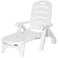 Outsunny Outdoor Folding Sun Lounger Recliner on Wheels w/ 5-Position Backrest, White(m-11)