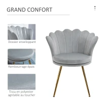HOMCOM Fauteuil coquillage chaise coiffeuse fauteuil en velours fauteuil de salon avec pieds en métal doré pour salon chambre et salle à manger 67l x 64P x 77H cm gris(m-6)
