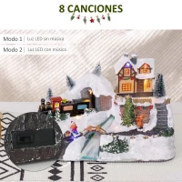 HOMCOM Pueblo Navideño Escena Navideña con Luces LED y Tren Móvil Decoración Navideña Sobremesa 30x19x19,5 cm Multicolor(m-6)