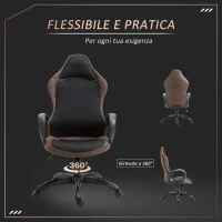 Vinsetto Sedia da Gaming e Ufficio Altezza Regolabile e Dondolamento, Girevole 360° con Ruote, Tessuto Nero e Marrone, 63x67x 116-126cm(m-6)