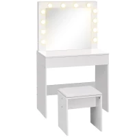 Homcom Masa Machiaj cu 12 LED & Scaun Tapitat, Alb(m-1)
