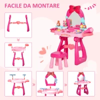 HOMCOM Toeletta Tavolo Trucco con Sgabello e Accessori per Bimbi da 3 Anni, Specchio con Luci e Musiche Integrate, Rosa e Rosso(m-6)