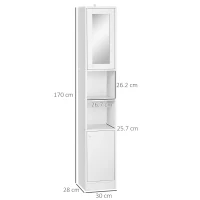 kleankin Tall Bathroom Storage Cabinet with Mirror, Narrow Bathroom Unit, Freestanding Bathroom Cupboard with Adjustable Shelves and 2 Doors, White(m-3)