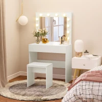 Homcom Masa Machiaj cu 12 LED & Scaun Tapitat, Alb(m-2)