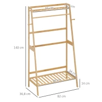 HOMCOM Suporte para Cabides de Bambu com 2 Prateleiras Abertas Barra e Ganchos Laterais para Roupa Bolsas 82x36,8x140cm Madeira(m-3)