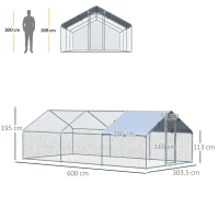 PawHut Pollaio per Galline Ovaiole da Esterno, Recinto per Galline e Conigli in Metallo Zincato con Copertura in Tessuto Impermeabile Anti-UV, 303.5x600x195cm Argento(m-3)