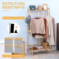 HOMCOM Suporte para Cabides de Bambu com 2 Prateleiras Abertas Barra e Ganchos Laterais para Roupa Bolsas 82x36,8x140cm Madeira(m-7)