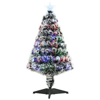 HOMCOM 3ft Artificial Prelit Christmas Tree, Snow Xmas Tree with Colourful LED Lighting Fiber Optics, Green White(m-1)