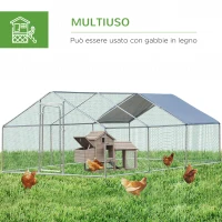 PawHut Pollaio per Galline Ovaiole da Esterno, Recinto per Galline e Conigli in Metallo Zincato con Copertura in Tessuto Impermeabile Anti-UV, 303.5x600x195cm Argento(m-5)