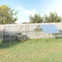 PawHut Pollaio per Galline Ovaiole da Esterno, Recinto per Galline e Conigli in Metallo Zincato con Copertura in Tessuto Impermeabile Anti-UV, 303.5x600x195cm Argento(m-10)