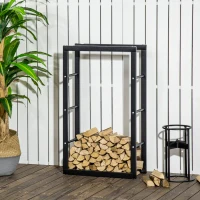 HOMCOM Metal Firewood Log Holder Tall Firewood Rack Indoor Outdoor Fireplace Wood Storage Shelf with Side Rails, Rust-Resistant, Black, 60W x 25D x 100H cm(m-9)