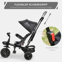 HOMCOM Dreirad mit Schubstange drehbarer Sitz 4-in-1 Kinderdreirad Kinder Fahrrad mit Sicherheitsgurt und Sonnendach Kinderauto Metall Polyester EVA Schwarz 111,5 x 52 x 98 cm(m-7)