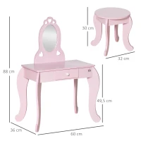 HOMCOM Toucador Infantil com Banco e Espelho Estilo Princesa Mesa de Maquilhagem Infantil com Gaveta 60x36x88cm Rosa(m-3)