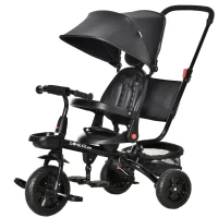 HOMCOM Dreirad mit Schubstange drehbarer Sitz 4-in-1 Kinderdreirad Kinder Fahrrad mit Sicherheitsgurt und Sonnendach Kinderauto Metall Polyester EVA Schwarz 111,5 x 52 x 98 cm(m-11)