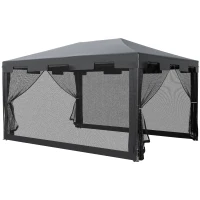Outsunny Pavillon Partyzelt Gartenpavillon Gartenzelt Festzelt mit Seitenwänden Metall PE Weiß+Dunkelgrau+Schwarz 4 x 3 m(m-1)