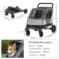 PawHut Hundebuggy Hundewagen mit 4 Räder Haustierbuggy für mittelgroße Hunde faltbar Oxford Grau 104,5 x 68,5 x 110 cm(m-3)