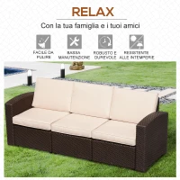 Outsunny Divano a 3 Posti in PP Plastica ad Effetto Rattan, Divano da Giardino con Cuscini, Marrone e Champagne, 199x71x75cm(m-5)