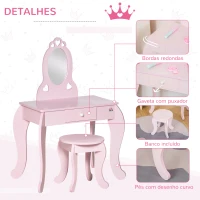 HOMCOM Toucador Infantil com Banco e Espelho Estilo Princesa Mesa de Maquilhagem Infantil com Gaveta 60x36x88cm Rosa(m-6)