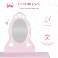 HOMCOM Toucador Infantil com Banco e Espelho Estilo Princesa Mesa de Maquilhagem Infantil com Gaveta 60x36x88cm Rosa(m-7)