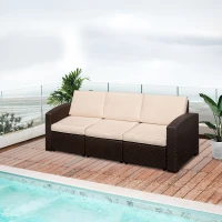 Outsunny Divano a 3 Posti in PP Plastica ad Effetto Rattan, Divano da Giardino con Cuscini, Marrone e Champagne, 199x71x75cm(m-10)