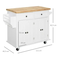 HOMCOM Ilha de Cozinha com Rodas 2 Gavetas 4 Portas Suporte para Temperos e Barra Lateral 111x44,5x82,5cm Branco e Madeira(m-3)