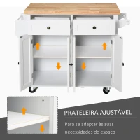 HOMCOM Ilha de Cozinha com Rodas 2 Gavetas 4 Portas Suporte para Temperos e Barra Lateral 111x44,5x82,5cm Branco e Madeira(m-6)