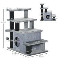 PawHut Escada para Gatos de 4 Degraus Escada para Animais de Estimação com Altura Ajustável Caverna Bola Suspensa 60x40x66cm Cinza(m-3)