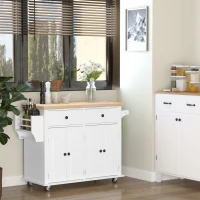 HOMCOM Ilha de Cozinha com Rodas 2 Gavetas 4 Portas Suporte para Temperos e Barra Lateral 111x44,5x82,5cm Branco e Madeira(m-2)