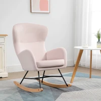 HOMCOM Poltrona Baloiço Estofada em Veludo com Assento Acolchoado Apoio para os Braços e Pés de Madeira de Faia 65x87x102cm Rosa(m-2)