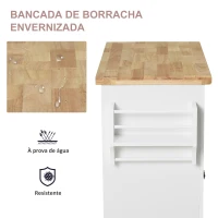 HOMCOM Ilha de Cozinha com Rodas 2 Gavetas 4 Portas Suporte para Temperos e Barra Lateral 111x44,5x82,5cm Branco e Madeira(m-4)