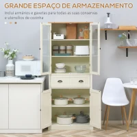 HOMCOM Armário de Cozinha com 2 Portas de Vidro 1 Gaveta e Prateleira Ajustável Móvel Auxiliar de Cozinha 76x40x182,5cm Creme(m-4)