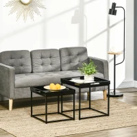 HOMCOM Set de 2 masute moderne, mese stivuibile patrate cu cadru de otel si efect lucios pentru sufragerie, negru(m-2)