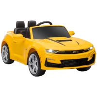 HOMCOM  Masina Chevy Camaro cu licenta 12V, alimentata cu baterii, telecomanda pentru parinti, masina electrica pentru copii cu suspensie cu arc, motor dublu, claxon, muzica, faruri, stopuri, galben(m-1)