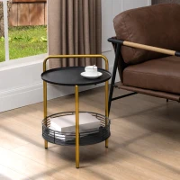 HOMCOM Stolik 2 w 1 w Stylu Industrialnym, Taca Serwująca + Stolik Pomocniczy, 1 Półka, Stal, Złoto + Czarny(m-10)