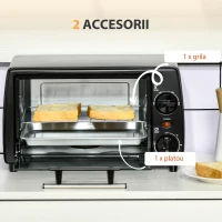 HOMCOM Cuptor electric 10L temperatura reglabila si temporizator, grila si tava incluse, 750 W, 36,5x26x22cm, negru(m-6)