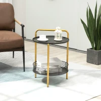 HOMCOM Stolik 2 w 1 w Stylu Industrialnym, Taca Serwująca + Stolik Pomocniczy, 1 Półka, Stal, Złoto + Czarny(m-2)