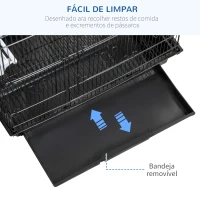 PawHut Gaiola para Passáros Gaiola de Metal com Portas 4 Comedouros 3 Poleiros Baloiço Bandeja Removível e Alça de Transporte para Papagaio Canário Periquito 46,5x35,5x92cm Preto(m-5)
